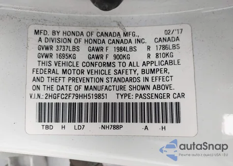 2017 Honda Civic Ex z USA, uszkodzony, nr VIN 2HGFC2F79HH519851